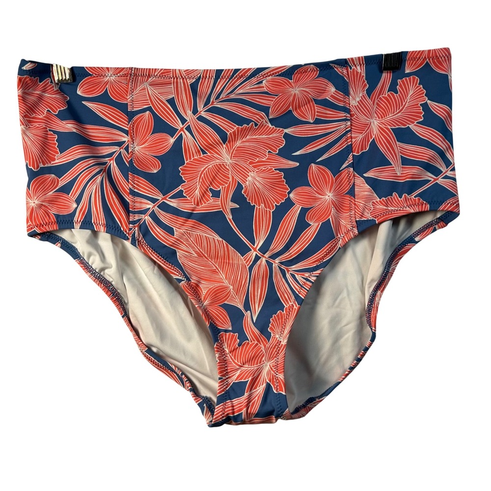 Lands End Womens Retro High Waist‎ Bikini Bottom Blue Red Tropical Floral 16 NEW